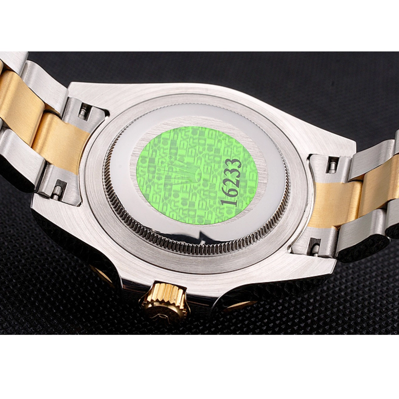 Rolex copies cheap Swiss Green Rolex Two Tone Bezel Bracelet Submariner Gold Dial And Steel 0603